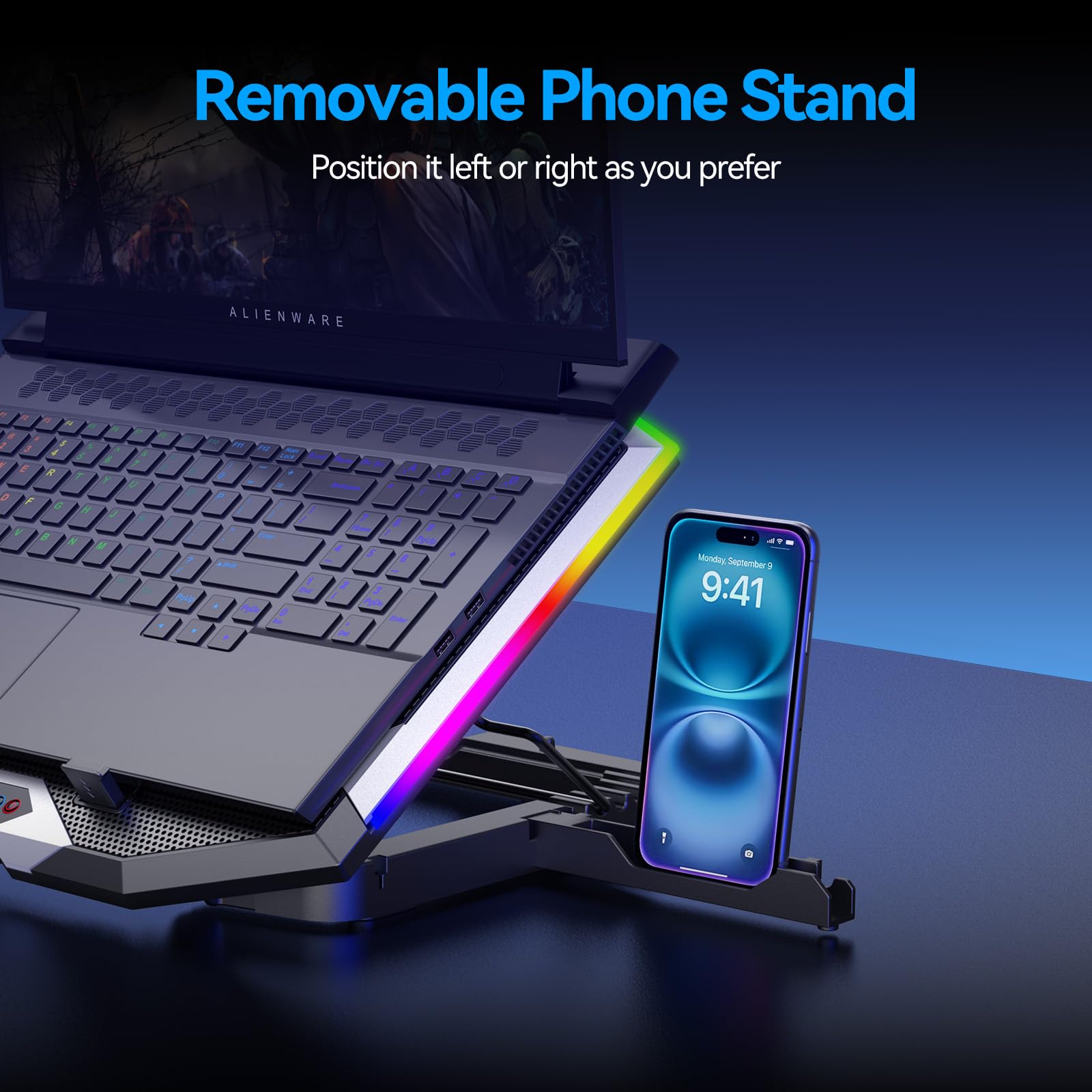Laptop Cooling Pad with 8 Cooling Fans, Laptop Fan Cooler Pad for 15-17.3 Inch, Notebook Cooler Stand with 6 Height Adjustable, RGB Cooling Pad with Two USB Port + Phone Stand