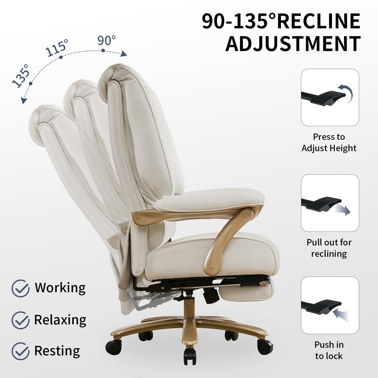 Big and Tall Executive Office Chair with Footrest, 400LBS Capacity Ergonomic High-Back Desk Office Chair with Lumbar Support, Padded Armrests & Thick Cushion, White PU Leather Chairs