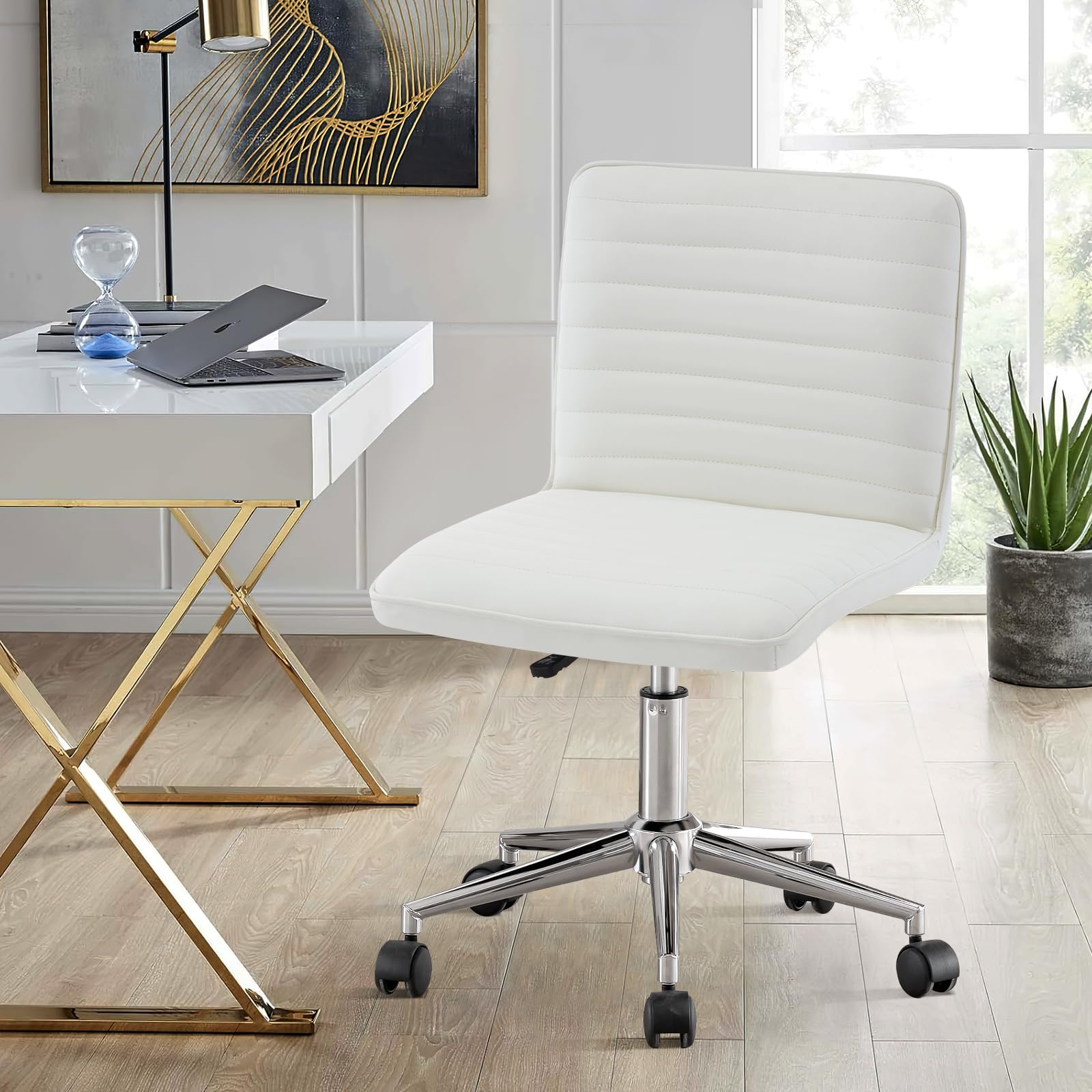 PU Leather Armless Office Chair - 360° Swivel Computer Desk Chair with Adjustable Height & Comfy Chrome Legs, Ivory White - Perfect for Home Office, Bedroom, Living Room & Vanity, Ivory White