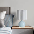 Blue Small Table Lamp with Scalloped Linen Shade, Mini Blue Table Lamp for Bedroom Nightstand, Cute Desk Night Light for Living Room, Bookshelf, Kitchen Counter, Kids Room, Office