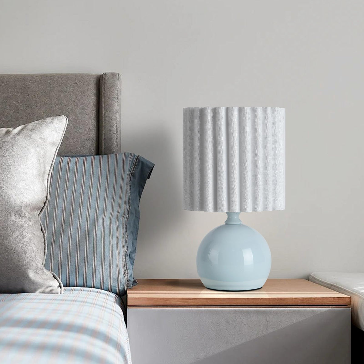 Blue Small Table Lamp with Scalloped Linen Shade, Mini Blue Table Lamp for Bedroom Nightstand, Cute Desk Night Light for Living Room, Bookshelf, Kitchen Counter, Kids Room, Office