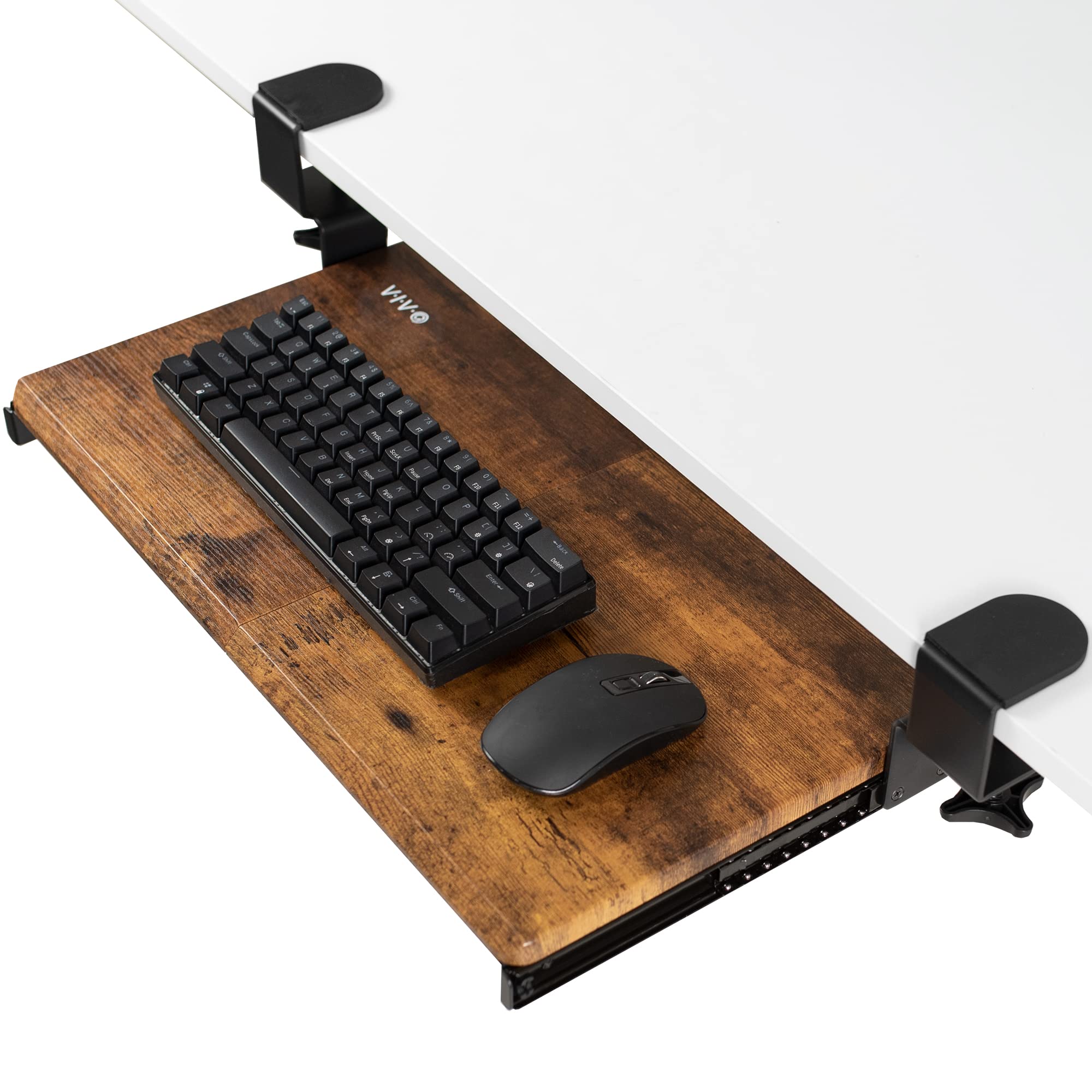 Small Keyboard Tray, Under Desk Pull Out with Extra Sturdy C Clamp Mount System, 20 (26 with Clamps) x 11 inch Slide-Out Platform Drawer, Rustic Vintage Brown Top, Black Frame