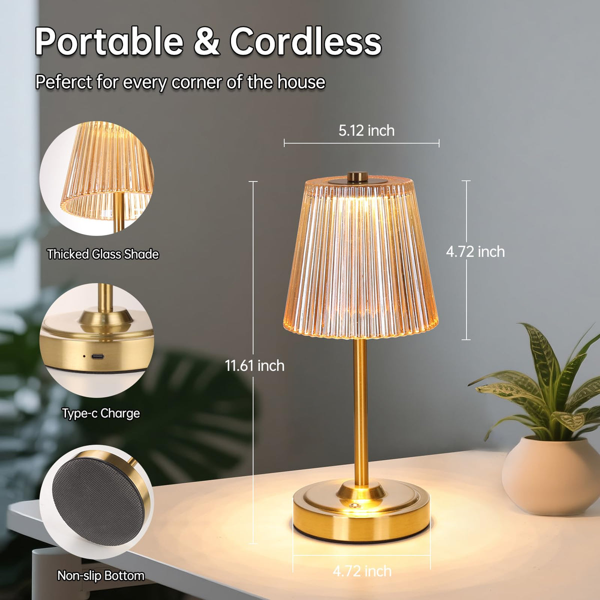 Set of 2 Cordless Touch Table Lamp with 5200mAh Battery - 3 Adjustable Color Temperatures & Dimmable, Rechargeable Lamp for Bedsides, Living Room, Entryway, Bookshelves (Amber Stripe)