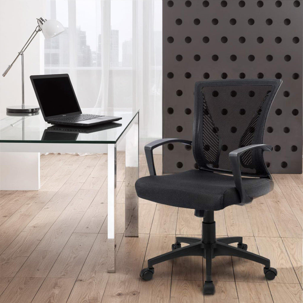 (2, Black) Office Chair Ergonomic Computer Desk Mesh Chair Mid Back Swivel Lumbar Support with Armrest