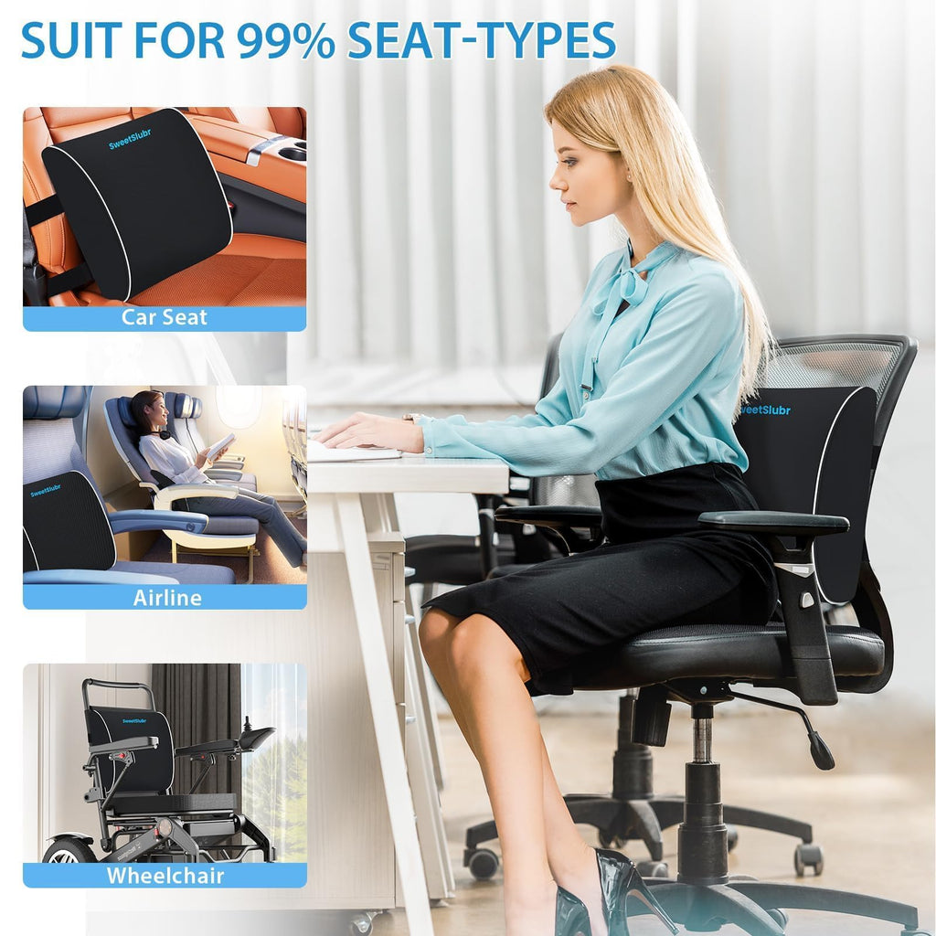 Large Lumbar Support Pillow for Office Chair, Car Seats and Home Desks, Ergonomic Back Support with Double Adjustable Straps, Machine Washable Cover (Black,XL)
