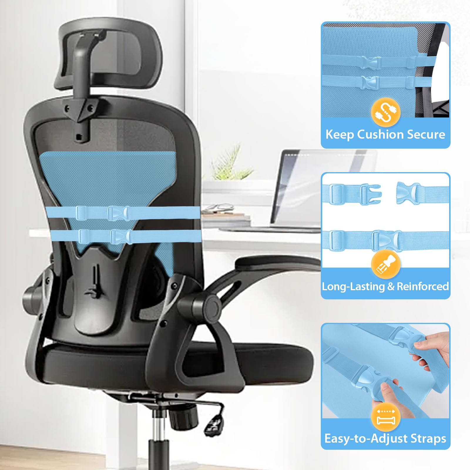Lumbar Support Pillow for Office Chair, Car & Gaming Chair, Ergonomic Memory Foam Cushion for Back Comfort,Zoned Back Support, Double Adjustable Straps(Light Blue,Large)
