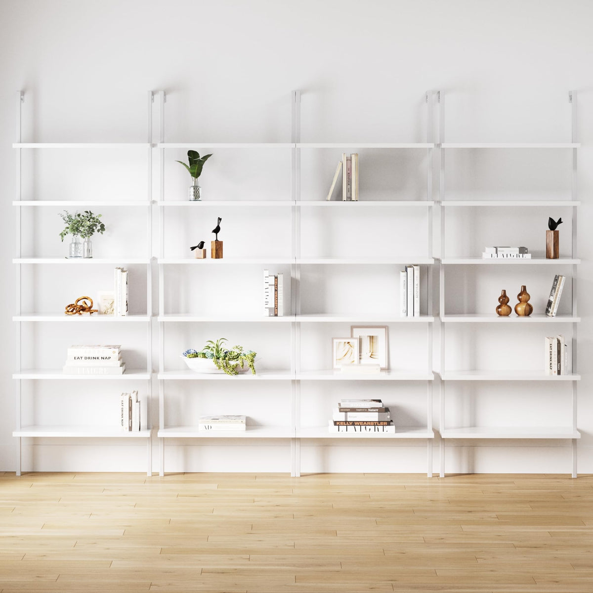 Set of 4, 6-Shelf Tall Modern Bookshelf, Wall Mount Ladder Shelf Bookcase with White Wood and Industrial Metal Frame, Matte White/White