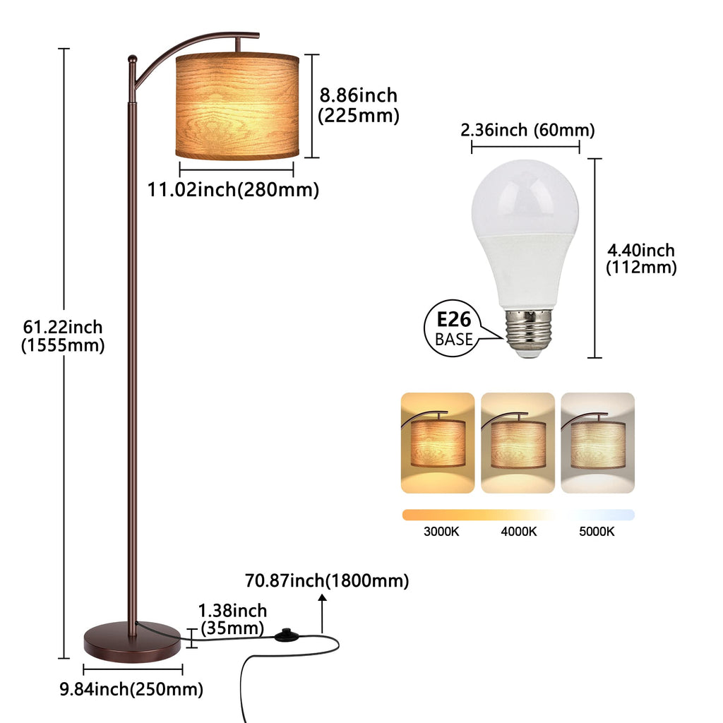 Floor Lamp for Living Room, LED Standing Lamp Tall Industrial Floor Lamp Reading for Bedroom, Office (9W LED Bulb, Wood Grain Lampshade Included) - Oil-Rubbed Bronze