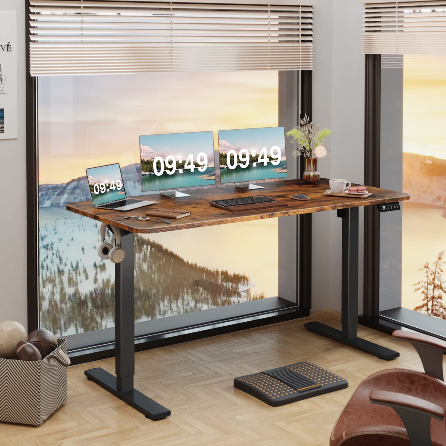 Electric Height Adjustable Standing Desk Large 55 x 24 Inches Sit Stand up Desk Home Office Computer Desk Memory Preset with T-Shaped Metal Bracke, Brown