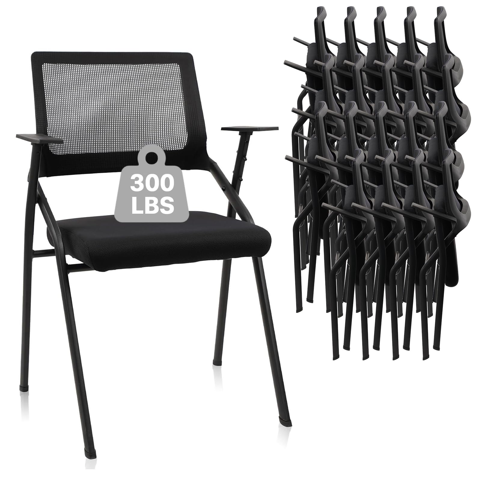 20 Pack, Stackable & Foldable Office Chairs with Ergonomic Lumbar Support and Thickened Seat Cushion, Folding Mesh Fabric Reception Guest Chair for School Church Lobby Conference Room, Black