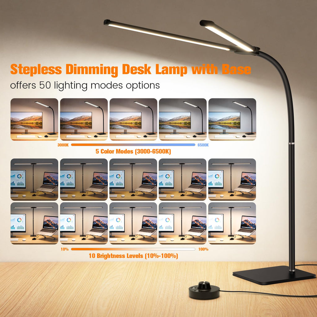 Desk Lamp for Home Office,Adjustable Double Head Desk Light with Base Black