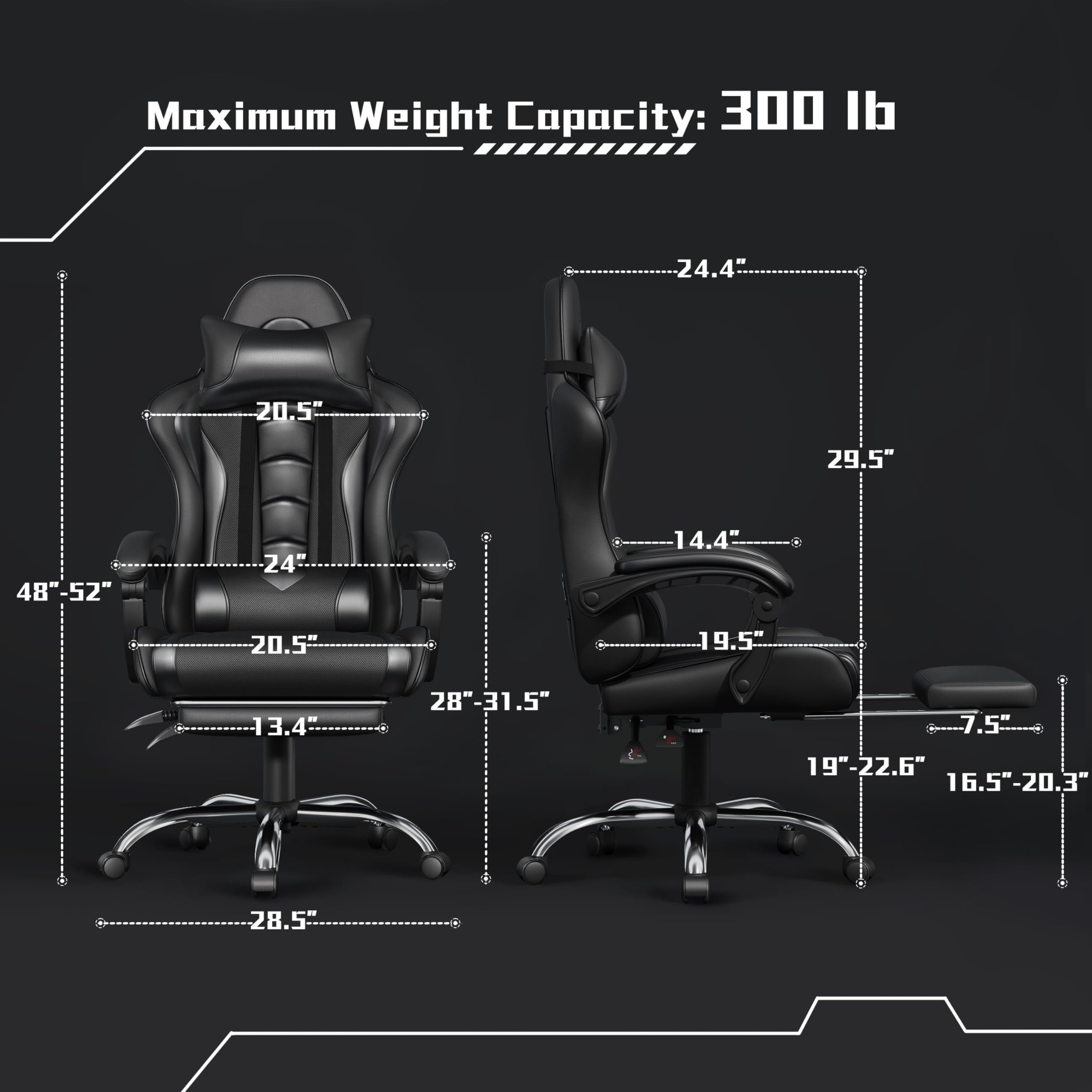 Gaming Chair, Video Game Chair with Massage Lumbar Support and Footrest Height Adjustable Ergonomic Computer Chair with Swivel Seat and Headrest, Full Black