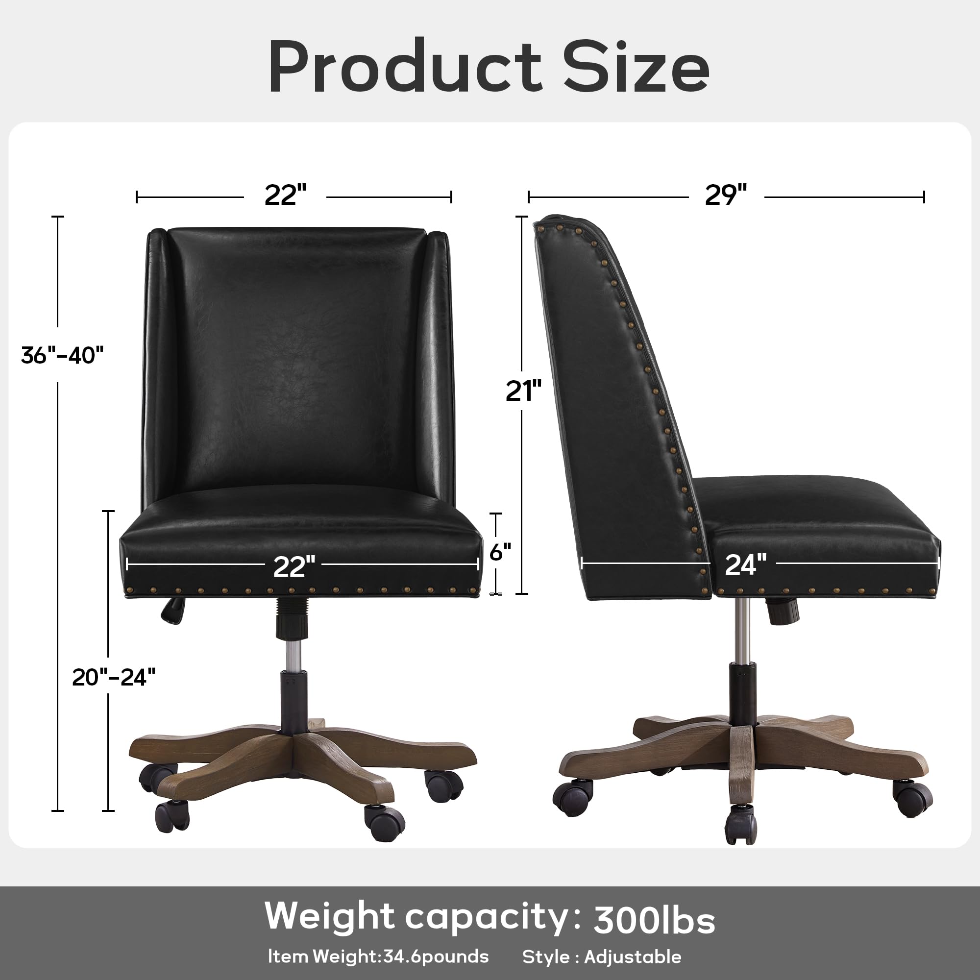 Armless Home Office Chair with Wooden Legs, Modern Leather Upholstered Office Desk Chair No Arms Sewing Chair Adjustable Swivel Desk Chair for Farmhouse Office Study Studio (Black)