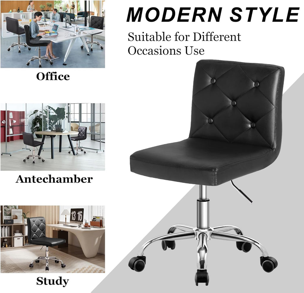 PU Leather Mid-Back Armless Vanity Chair Adjustable Height 360° Rolling Swivel for Office Work