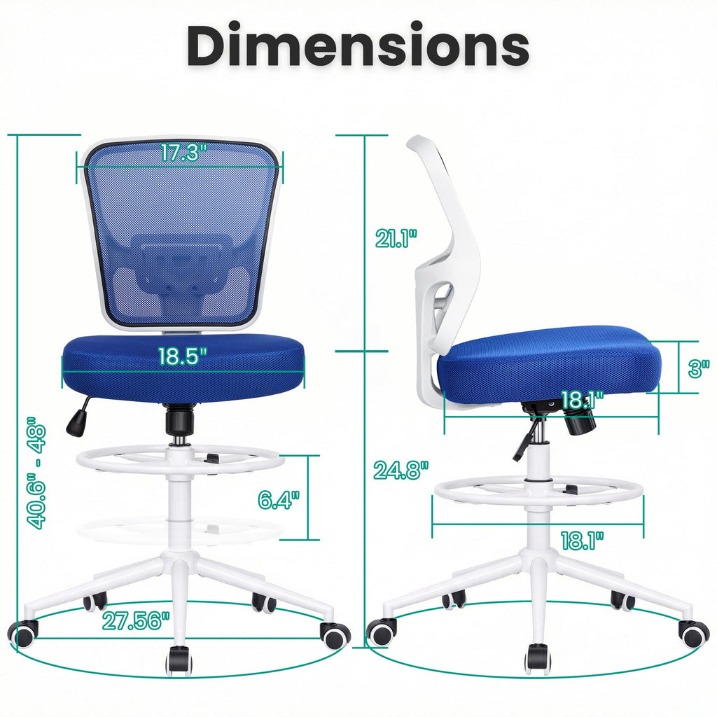 Armless Drafting Chair Tall Office Chair for Standing Desk - Adjustable Height Mesh Ergonomic Stool with Foot Ring, Rolling Counter Height Computer Chair for Small Spaces & Home Office