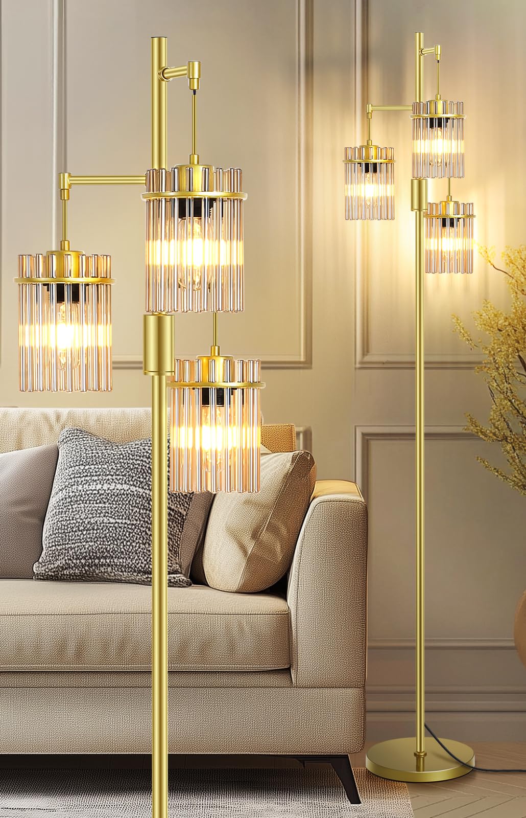Crystal Gold Glass Tree Floor Lamp for Living Room for Farmhouse Industrial