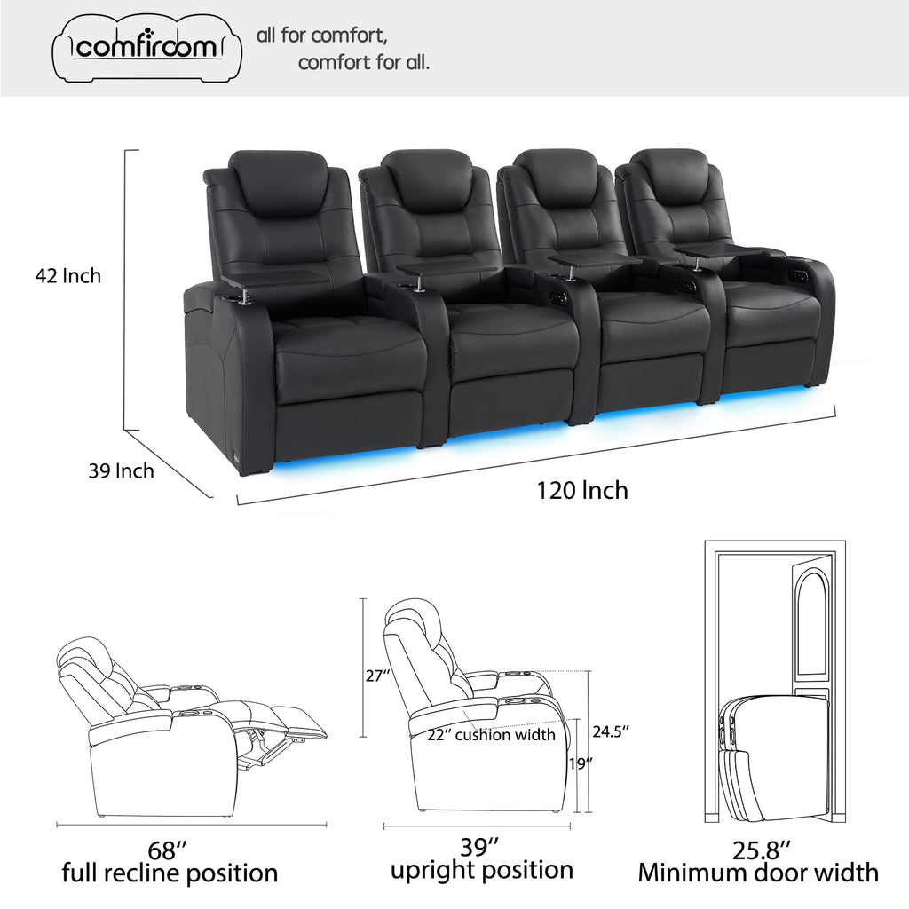 Leather Home Theater Seating, Simple Style Top Grain Leather Game Seats Movie Theater Chairs Recliner Sofa with Type-C USB Charger (Black, Row of 4)