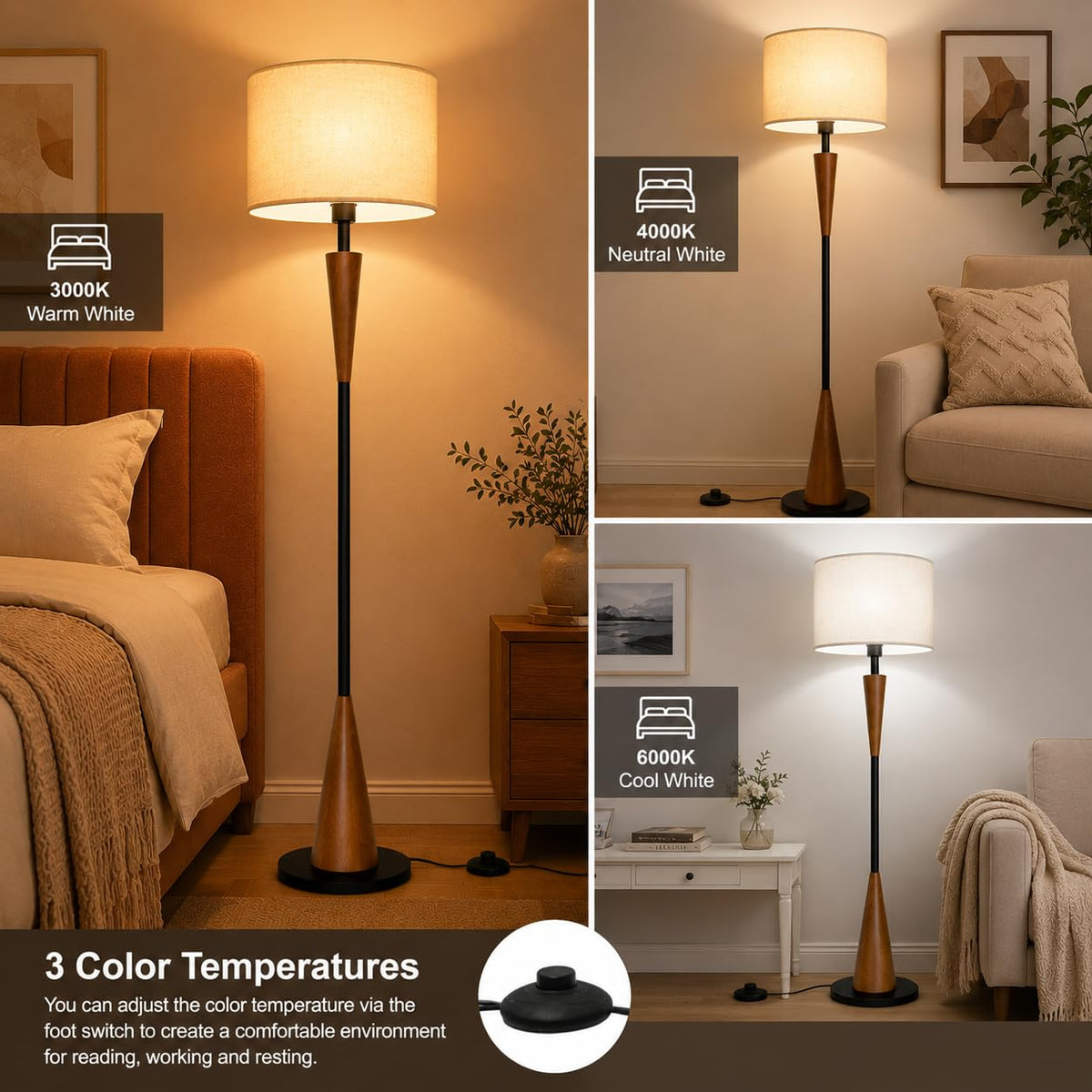 Floor Lamps for Living Room,61.5" Wood Floor Lamp,Retro Farmhouse Standing Lamp Includes 9W Bulb with 3-Color Temperature,Tall Lamp for Bedroom,Dining Room,Living Room,Corner,Brown