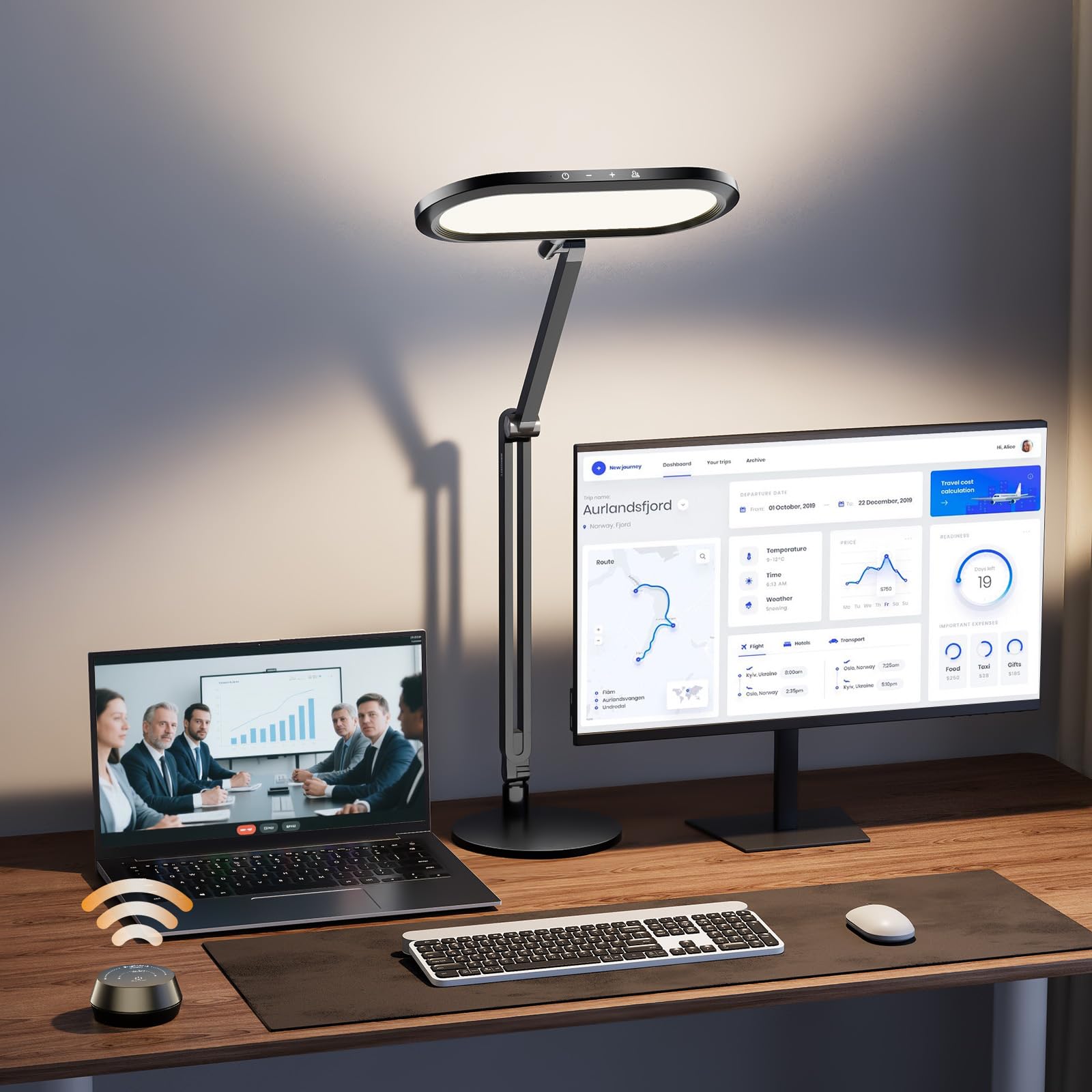 Premium LED Desk Lamp for Office – Eye-Caring Double Side Light with Knob Remote, Stepless Dimming & Color, Memory, Metal Table Lamp for Zoom, Studying, Video Conference, Flicker-Free, Glare-Free