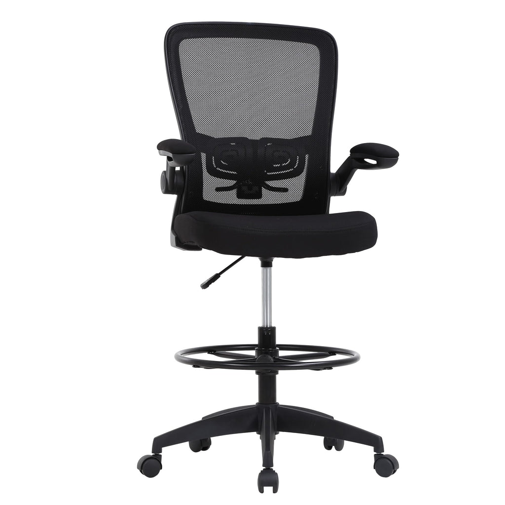 Drafting Chair Tall Office Chair Adjustable Height with Lumbar Support Flip Up Arms Footrest Mid Back Task Mesh Desk Chair Computer Chair Drafting Stool for Standing Desk (B-Black)