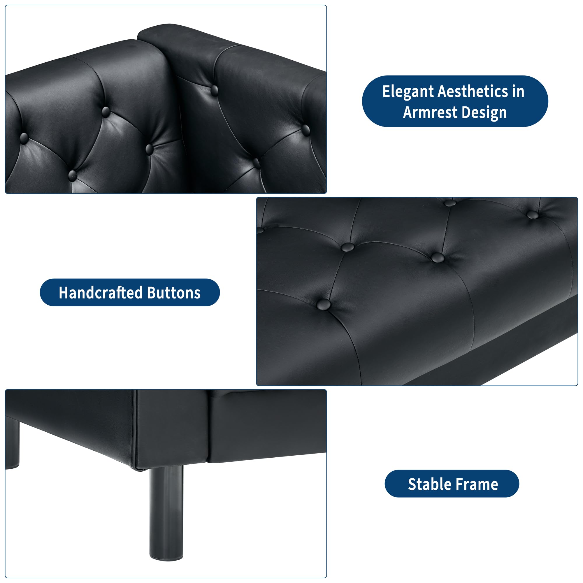 81 in Leather Couch, Modern Leather Sofa with Deep Seat, Handmade Button Tufted 3 Seater Sofa, Chesterfield Couch for Apartment or Office, Black