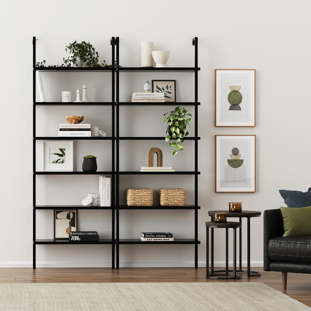 6-Shelf Tall Bookcase, Wall Mount Bookshelf Wood Shelves and Metal Frame, Matte Black, Set of 2