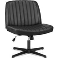 Criss Cross Legged Chairs No Wheels, Wide Seat Height Adjustable Swivel Chair,Padded PU Leather Armless Desk Chair for Home Office Bedroom, Student, Study Room,Black-Pu