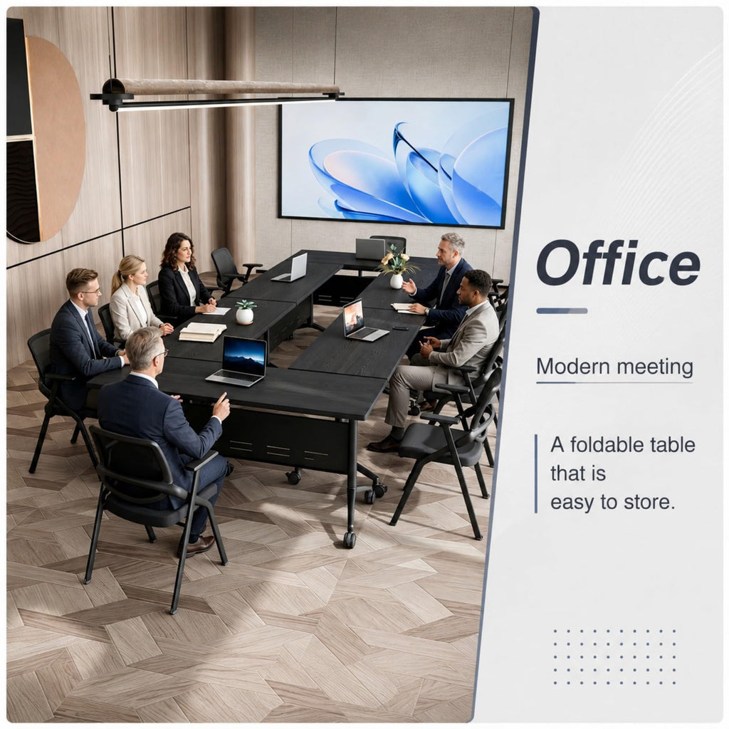 Folding Conference Table with Wheels, Flip-Top, 61in, 4 Pack, Oak