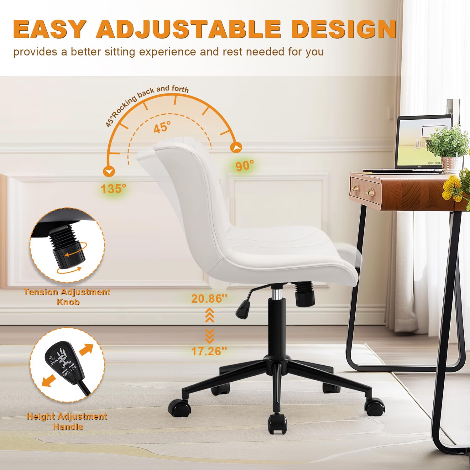 Armless Office Chair, Height Adjustable Desk Chair with Wheels, Ergonomic Comfy 360° Swivel Home Office Computer Task Chair, Faux Leather Padded Cute Vanity Chair, White