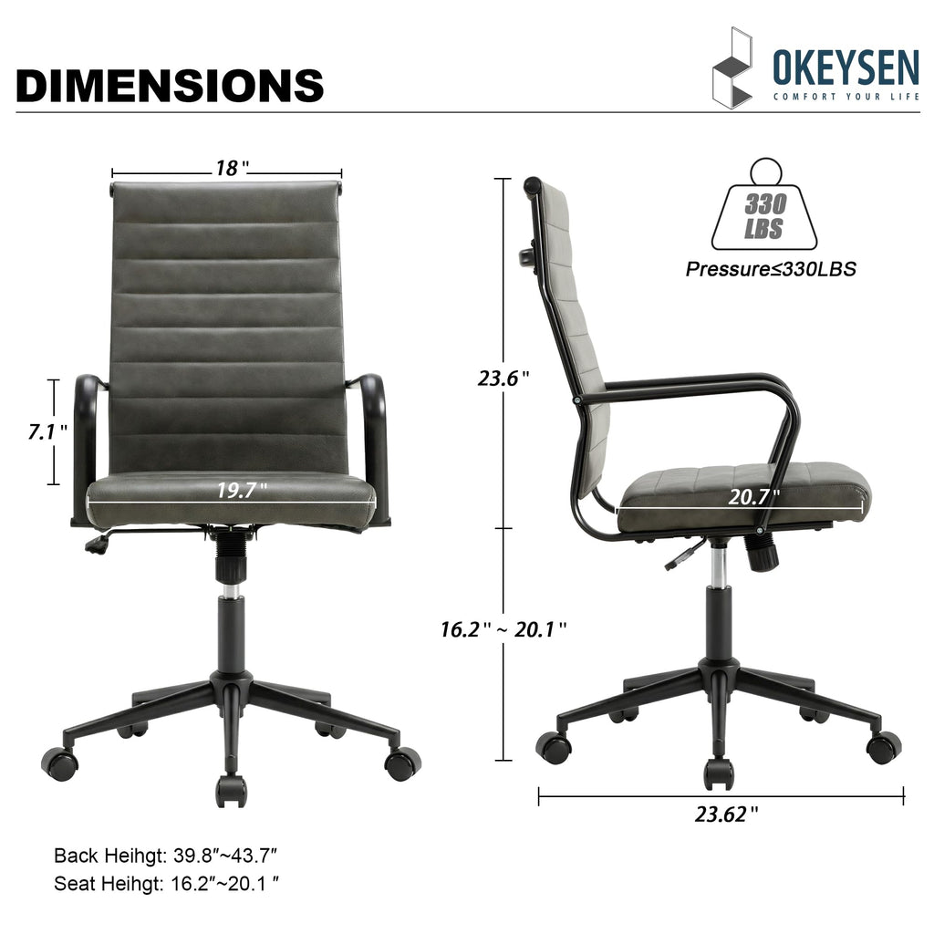 Genuine Leather Office Desk Chair, Mid-Century Modern Real Leather Conference Room Chairs, Ergonomic Executive Ribbed Height Adjustable Swivel Rolling Chair for Home Office.