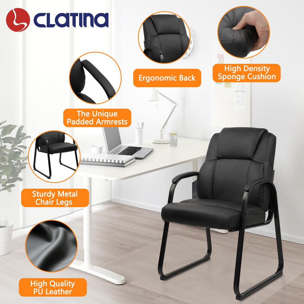 4 Pack, Leather Guest Chair with Padded Arm Rest for Reception Meeting Conference and Waiting Room Side Office Home Black with Sled Base