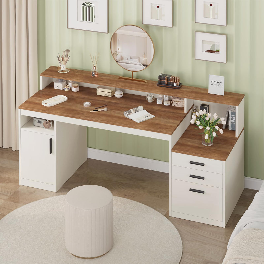 65 Inch Computer Desk with 3 Drawers & Storage Shelves, Executive Desk with File Drawer & Cabinet, Home Office Desk with Long Monitor Stand & Printer Shelf, Antique White