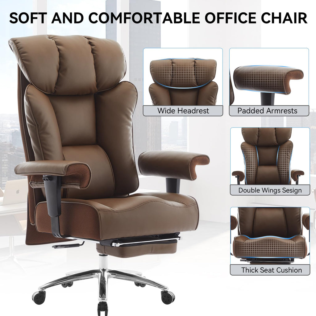 Big and Tall Office Chair 400lbs - Heavy Duty Executive Desk Chair with Foot Rest & 23" Wide Seat - High Back Ergonomic Leather Computer Chair for Heavy People, Home Office, Brown