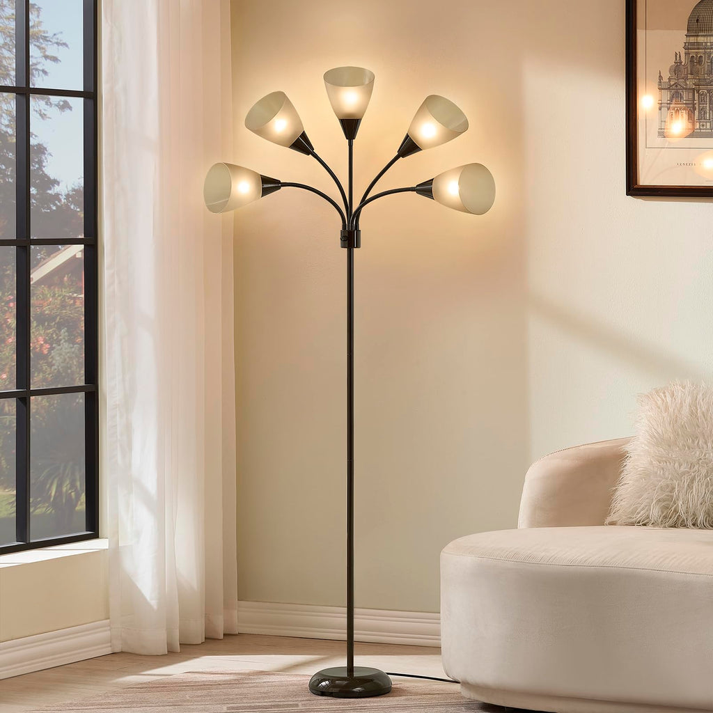 Medusa Modern Decor Floor Lamp, Multi Head Adjustable Gooseneck Bright Light for Reading, White Shades Tall Standing Tree Floor Lamp for Living Room Bedroom Office Kids Classroom, Brown