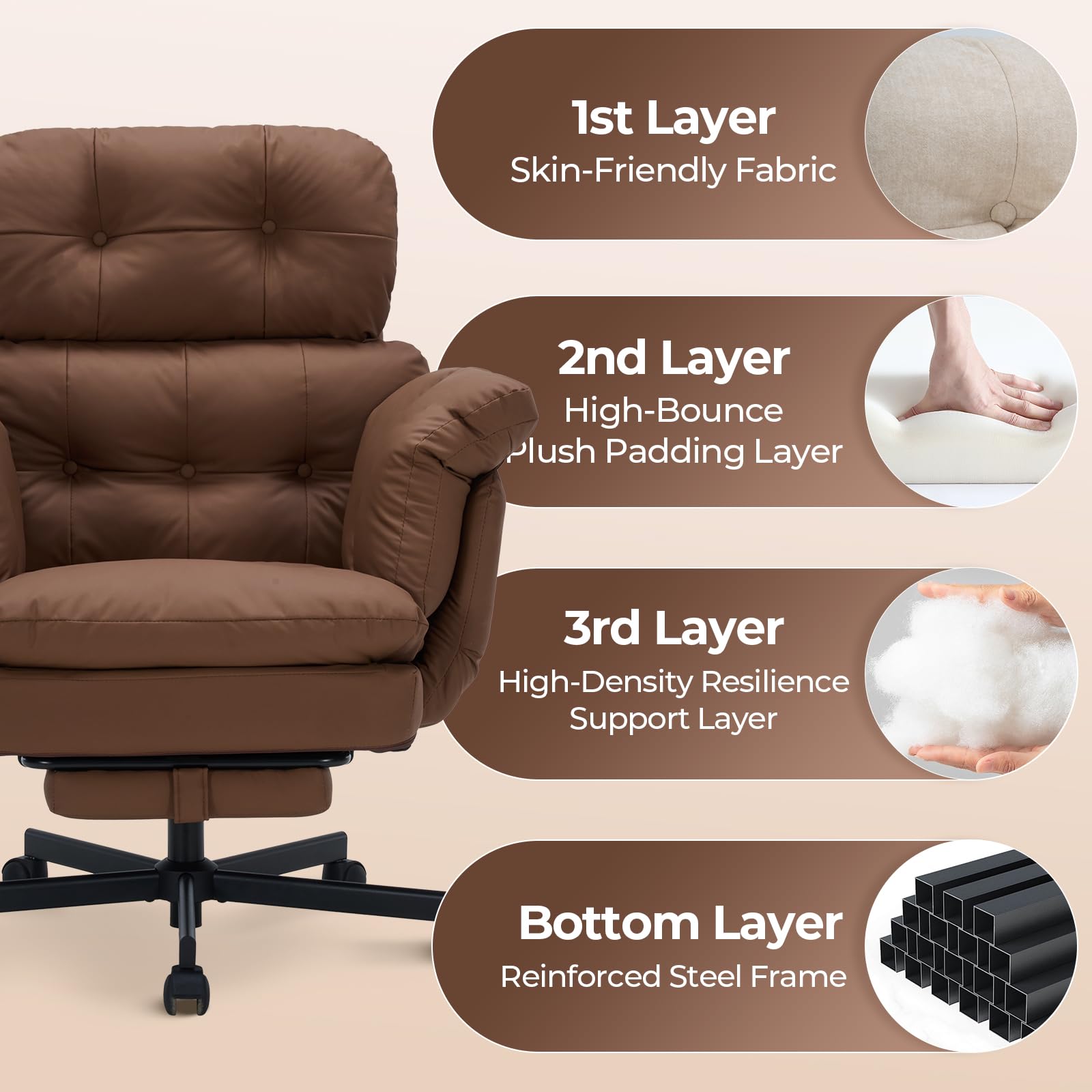 Criss Cross Office Chair with Foot Rest, Big and Tall Office Desk Chair with Flip Armrests for Pets & Cross Legged Sitting, Comfy Executive Ergonomic Reclining Computer Gaming Vanity Chair, Brown
