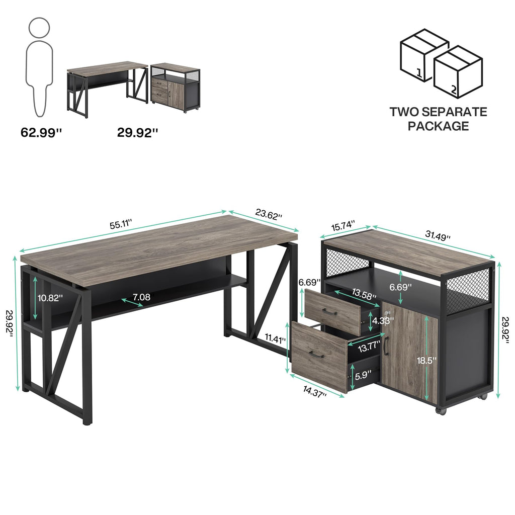 55" L Shaped Computer Desk and lateral File Cabinet with Locks, 2 Piece Home Office Furniture Set for Hanging