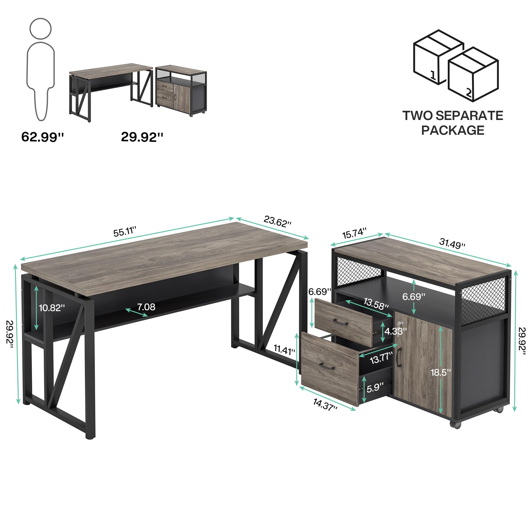55" L Shaped Computer Desk and lateral File Cabinet with Locks, 2 Piece Home Office Furniture Set for Hanging
