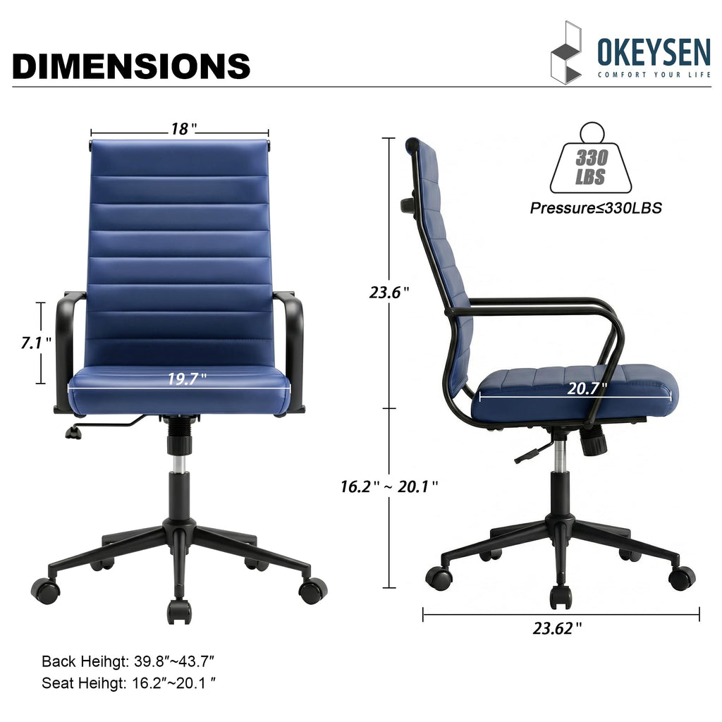 Blue Leather Office Desk Chair, Conference Room Chairs Executive Chair Ribbed, Ergonomic Height Adjustable Swivel Rolling Chair for Home Office.
