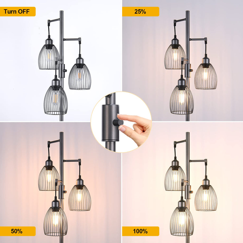 Floor Lamp, 3 x 800LM LED Edison Bulbs Included, Industrial Floor Lamp Standing Tree Lamp with Elegant Teardrop Cage Heads Tall Lamps for Living Room Bedroom-Grey