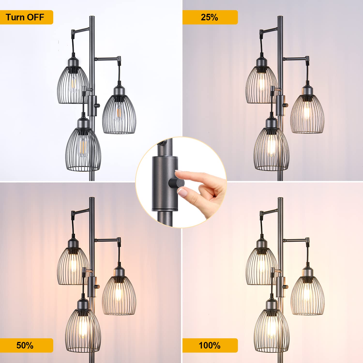 Floor Lamp, 3 x 800LM LED Edison Bulbs Included, Industrial Floor Lamp Standing Tree Lamp with Elegant Teardrop Cage Heads Tall Lamps for Living Room Bedroom-Grey