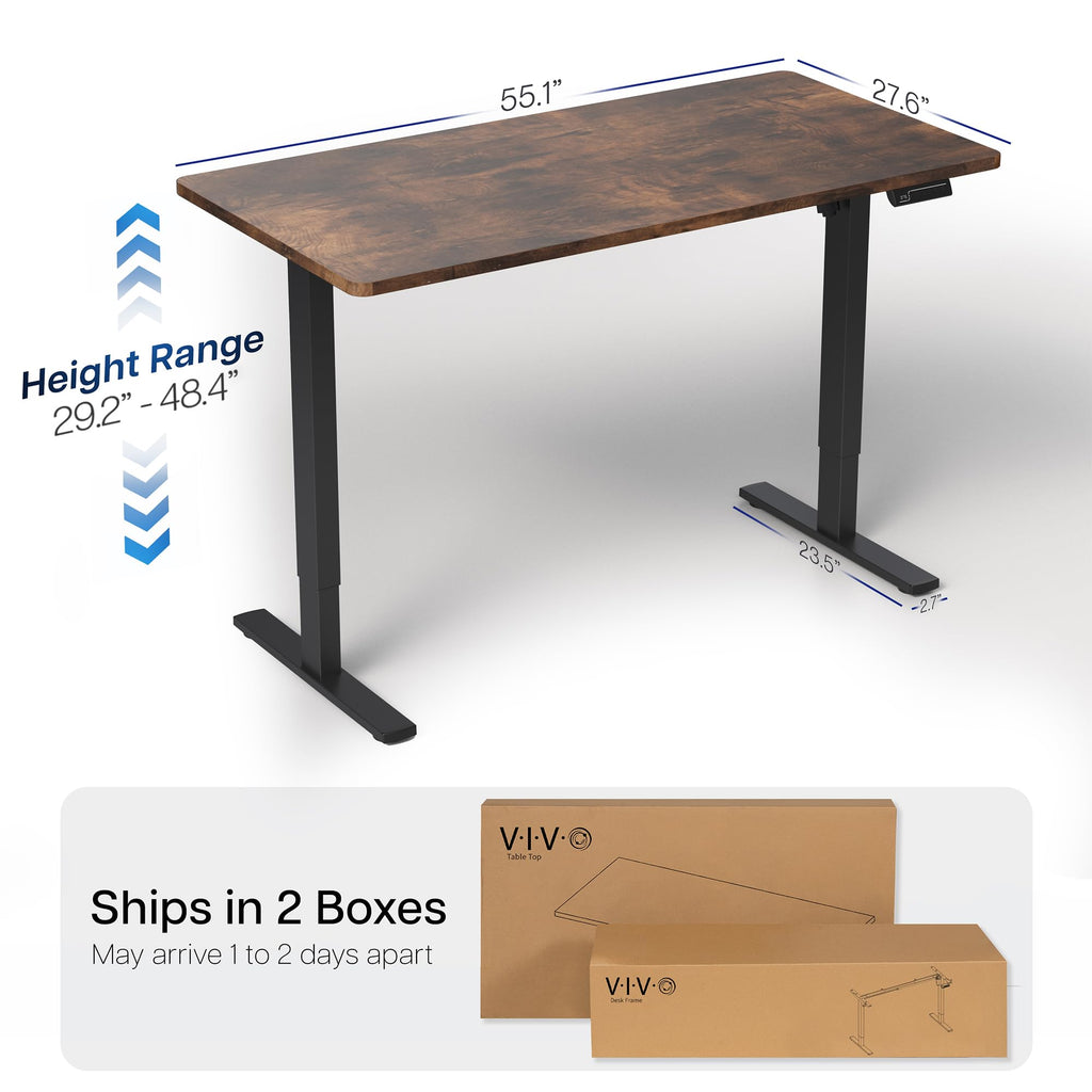 Electric 55 x 28 in Standing Desk, Memory Height Adjustment, 1B Series, Holds 220 lbs, One-Piece Rustic Vintage Brown Top, Black Frame