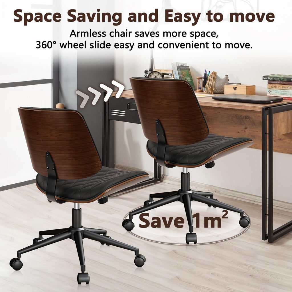 Home Office Desk Chair with Wheels, Adjustable Height Armless Office Chair, PU Leather Mid Back 360 Swivel Computer Chair, Modern Walnut Chair for Home, Meeting, Reading Room,Black(1 pk)