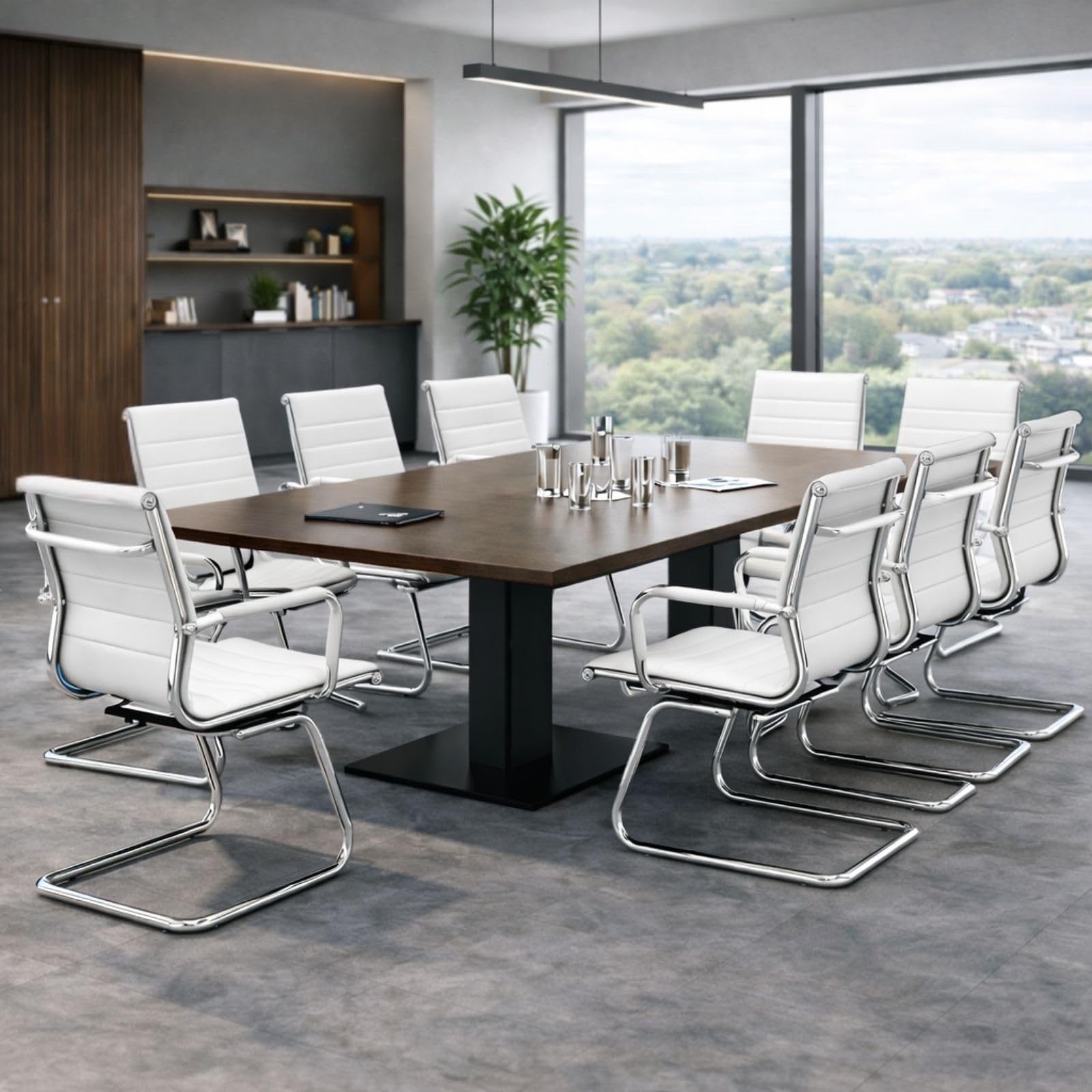 Conference Room Chairs Set of 2, Waiting Room Chairs with Arms, Faux Leather Reception Chairs No Wheels, Office Guest Chairs with Mid Back Support and Chrome Sled Base, White