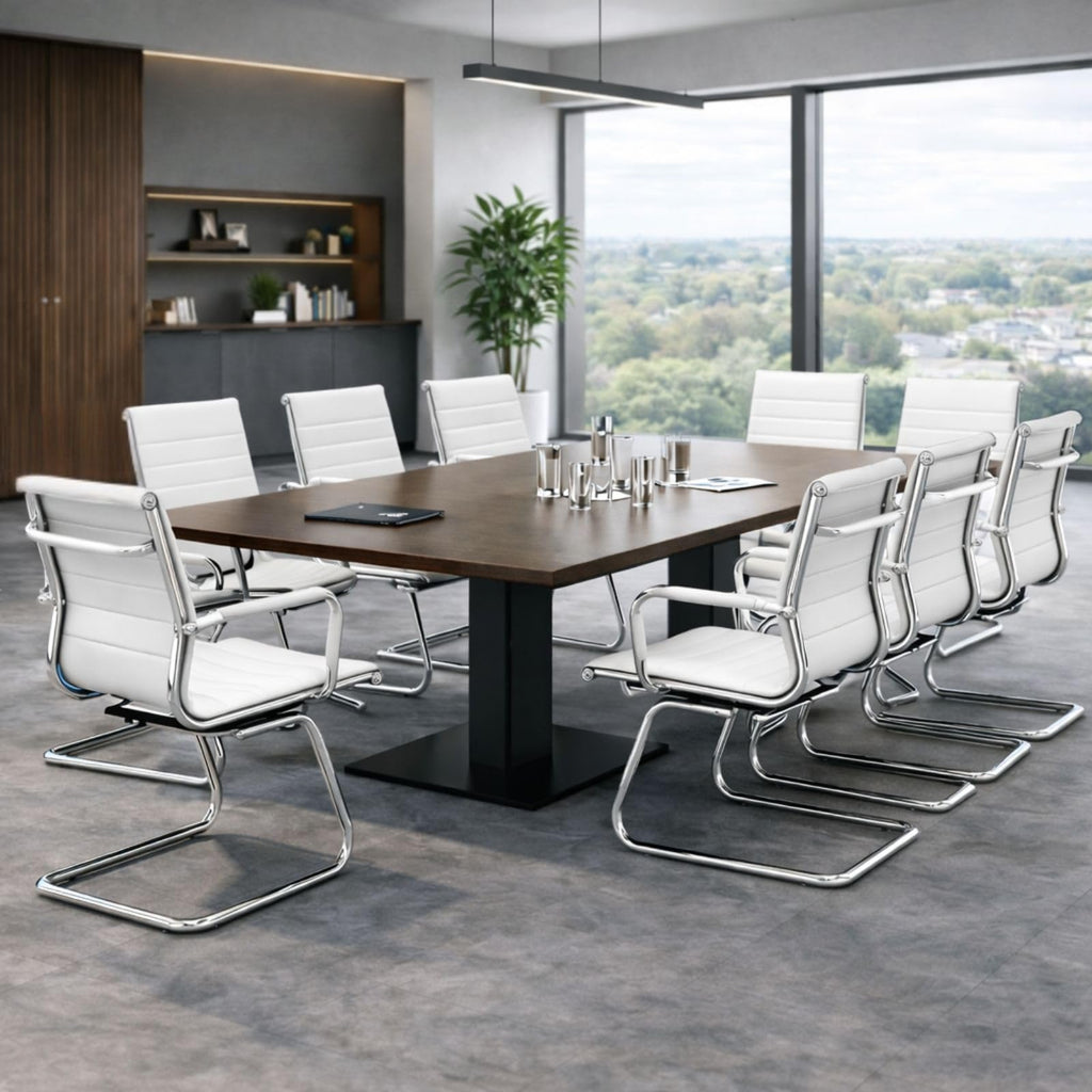 Conference Room Chairs Set of 8, Waiting Room Chairs with Arms, Faux Leather Reception Chairs No Wheels, Office Guest Chairs with Mid Back Support and Chrome Sled Base, White