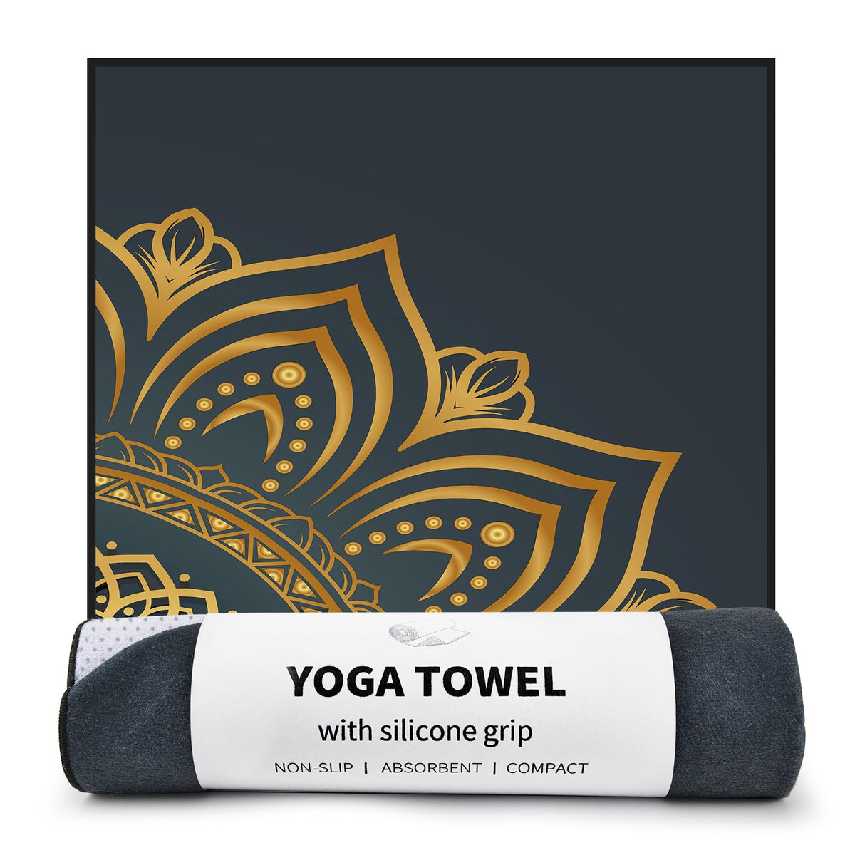 Hot Yoga Towel with Grip Dots, Non Slip, 70"x26, Gold Mandala