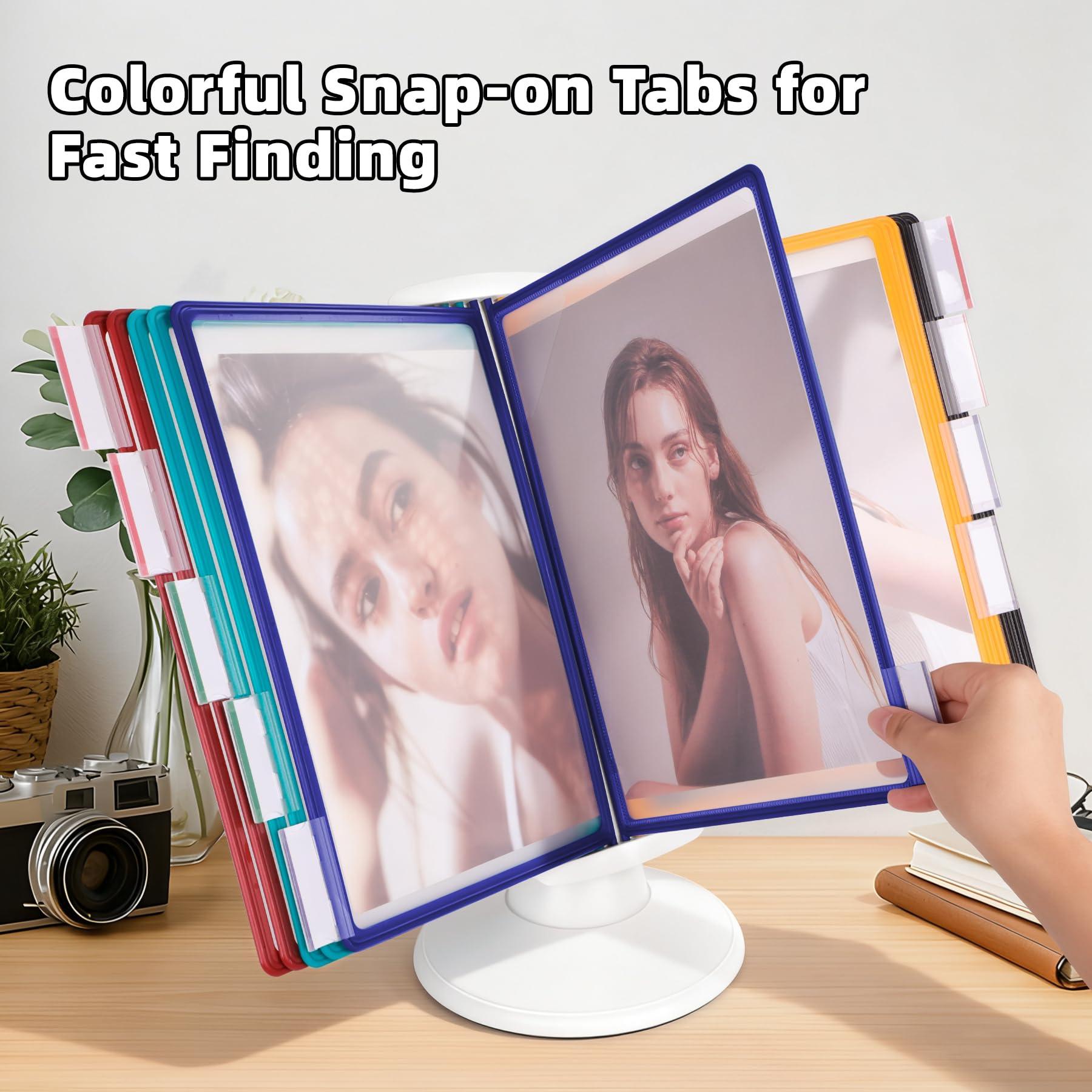 10-Pocket Desktop Reference & Display System with 360° Adjustable Base, Fast Flip & Find Desk Reference Organizer, A4/Letter Size 10 Double-Sided Panels with 5-Color Borders & Index Tabs, White
