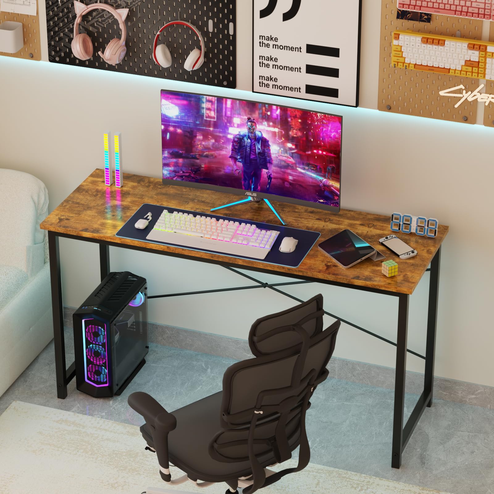 Computer Small Office Desk 47 Inch Student Study Writing Work with Metal Frame Wood Tabletop Modern Simple PC Home Bedroom Table, Rustic Brown