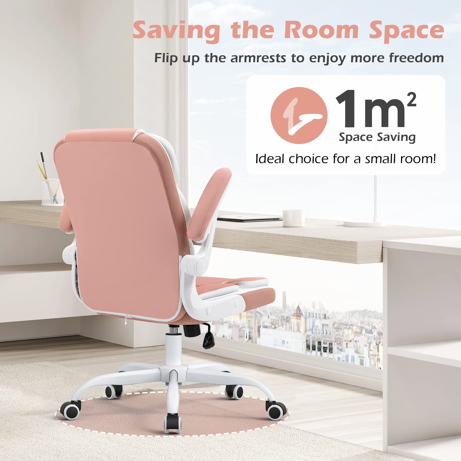 Pink Desk Chair Modern Executive Office Chair with Arms PU Leather Computer Desk Chair for Girls Women