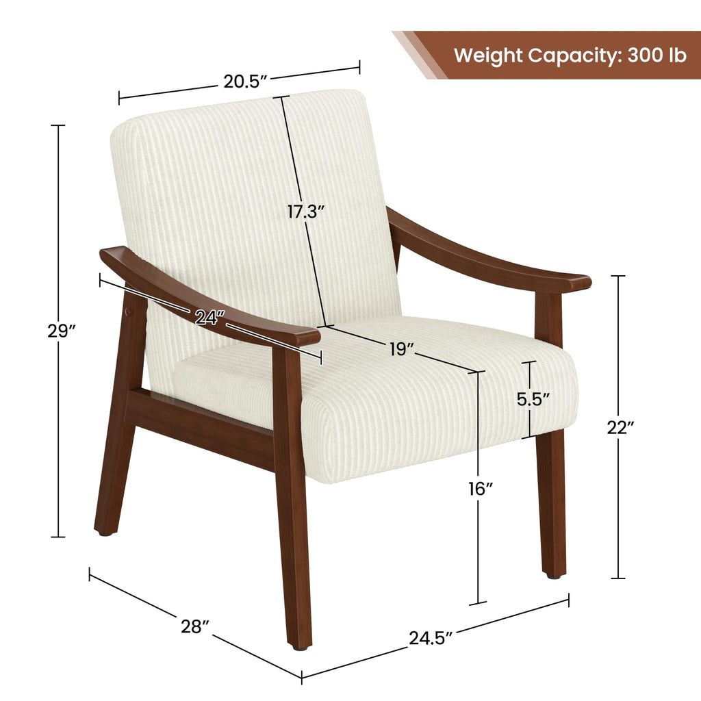 Corduroy Accent Chair, Mid-Century Modern Armchair with Solid Wood Legs, Reading Leisure Chair with High Back for Living Room Bedroom Waiting Room Beige