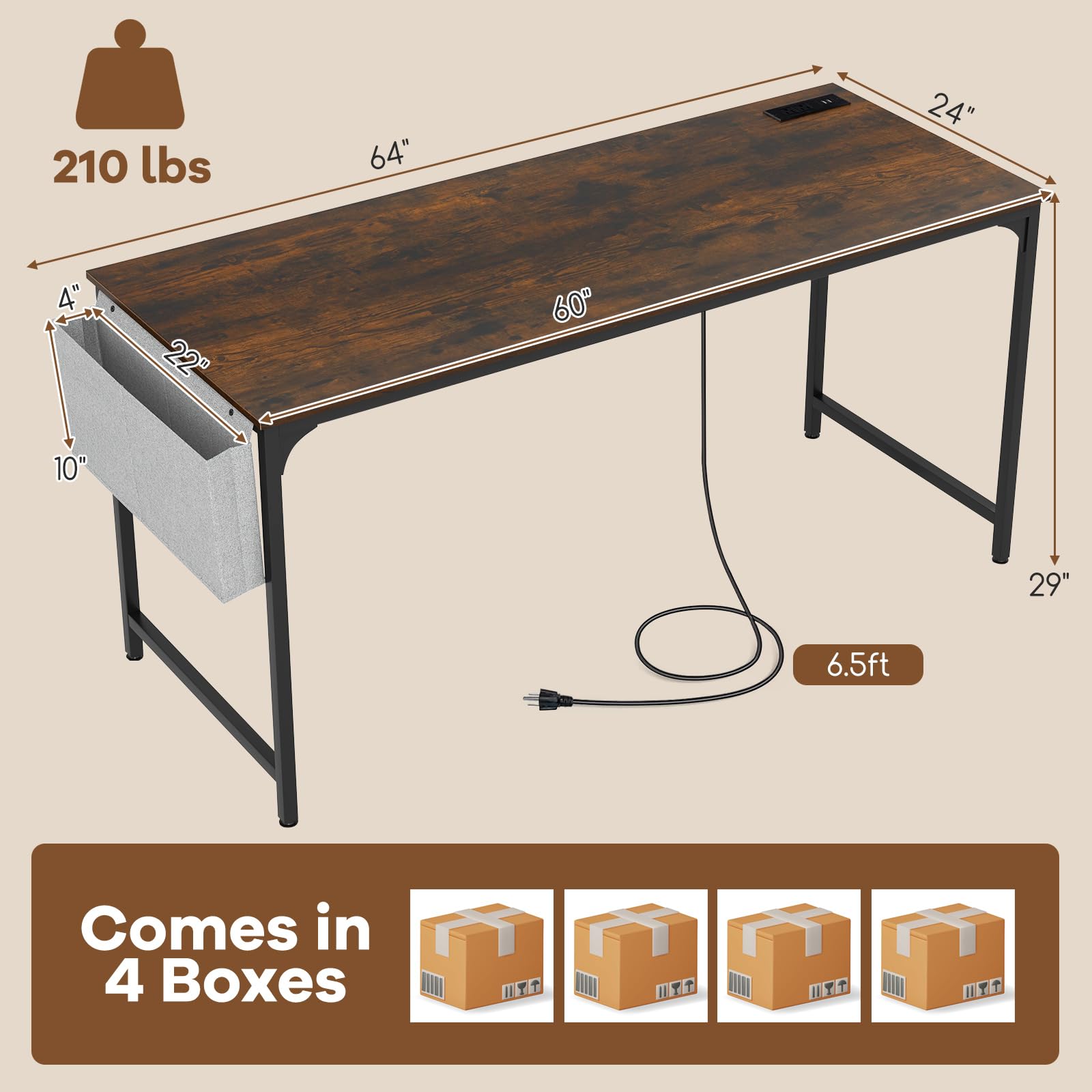 60" Conference Desk Set of 4, Modern Boardroom Desk with Storage Bag, Headphone Hook, Sturdy Metal Frame, Rectangular Seminar Table with Charging Station